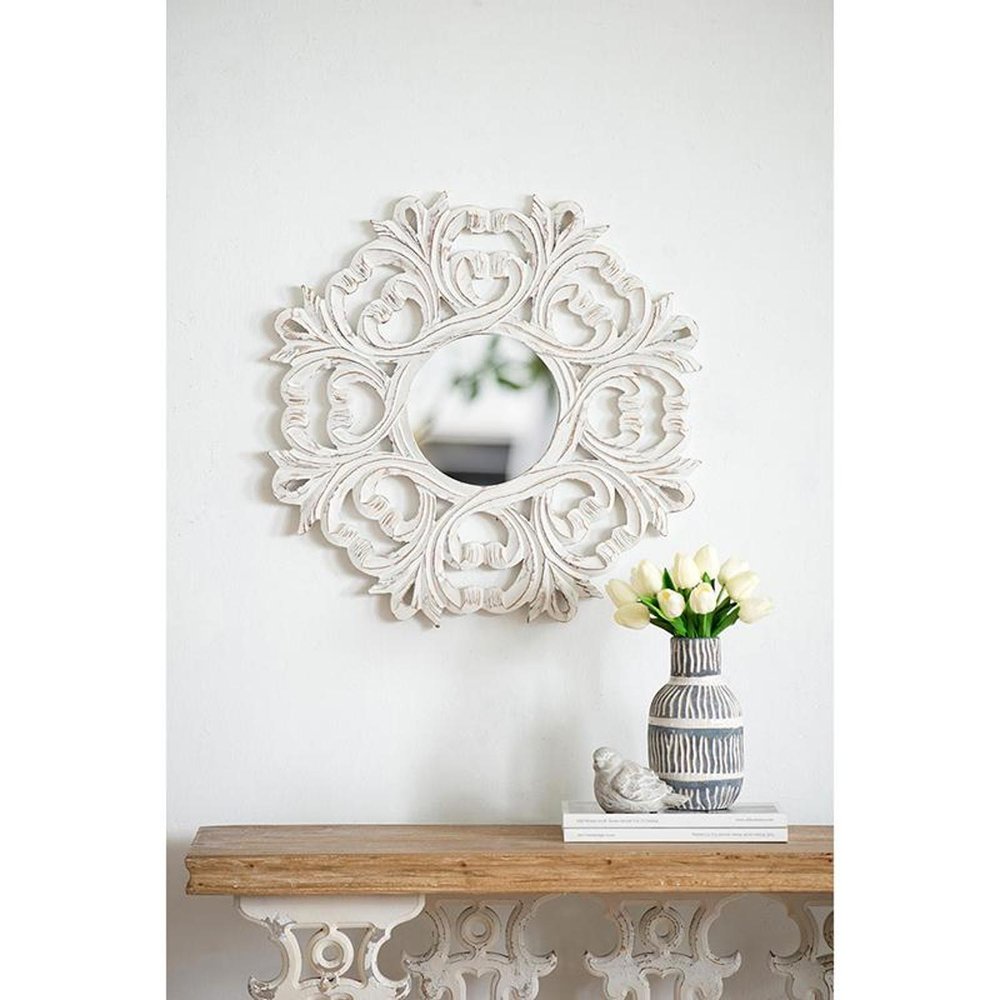 24" White Floral Scrollwork Distressed Round Framed Accent Mirror HomeRoots