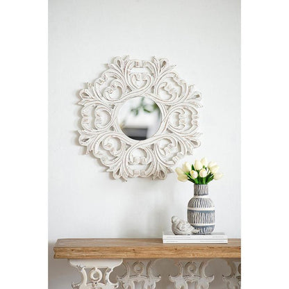 24" White Floral Scrollwork Distressed Round Framed Accent Mirror HomeRoots