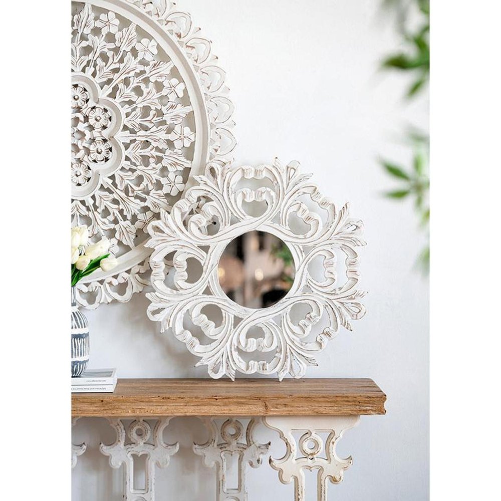 24" White Floral Scrollwork Distressed Round Framed Accent Mirror HomeRoots