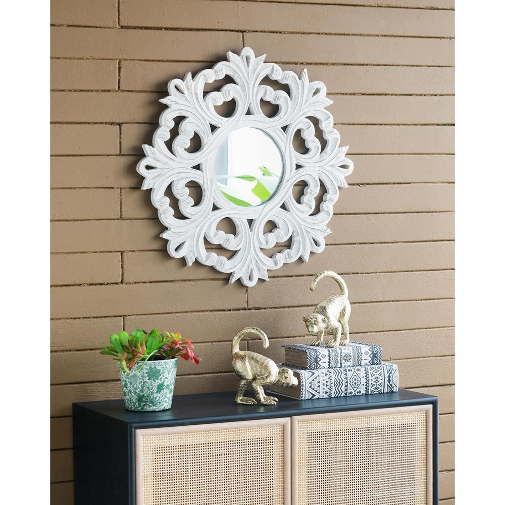 24" White Floral Scrollwork Distressed Round Framed Accent Mirror HomeRoots