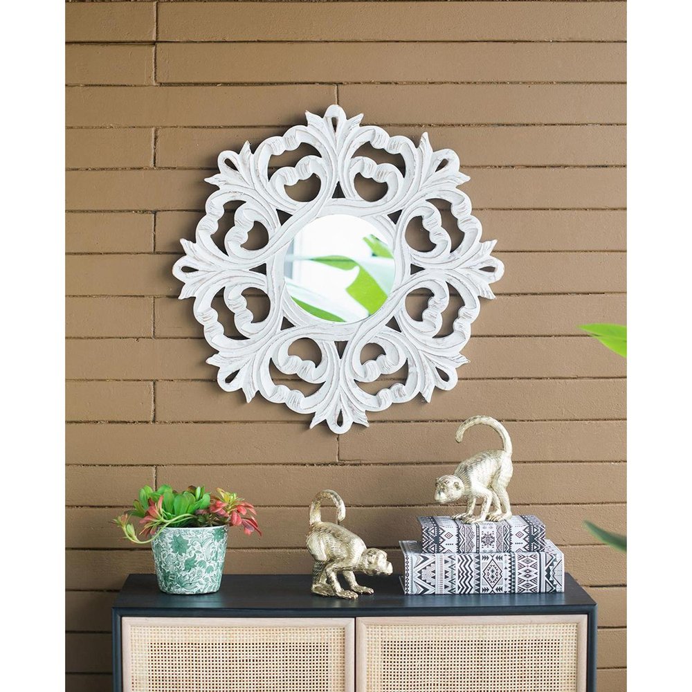 24" White Floral Scrollwork Distressed Round Framed Accent Mirror HomeRoots