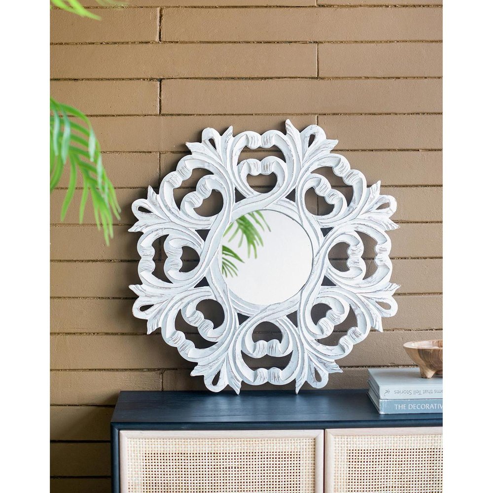 24" White Floral Scrollwork Distressed Round Framed Accent Mirror HomeRoots