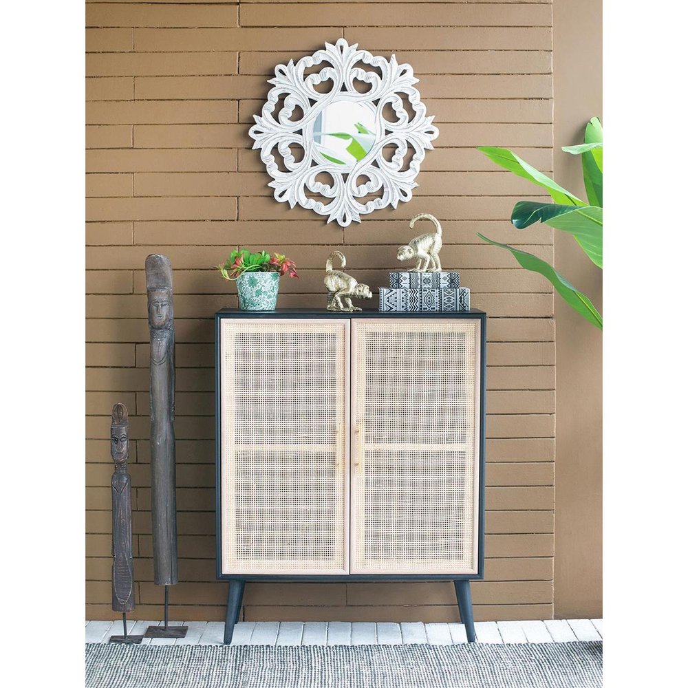 24" White Floral Scrollwork Distressed Round Framed Accent Mirror HomeRoots