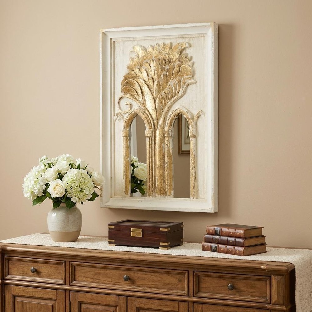 Set of Two 30" White and Gold Wood Framed Accent Mirrors HomeRoots