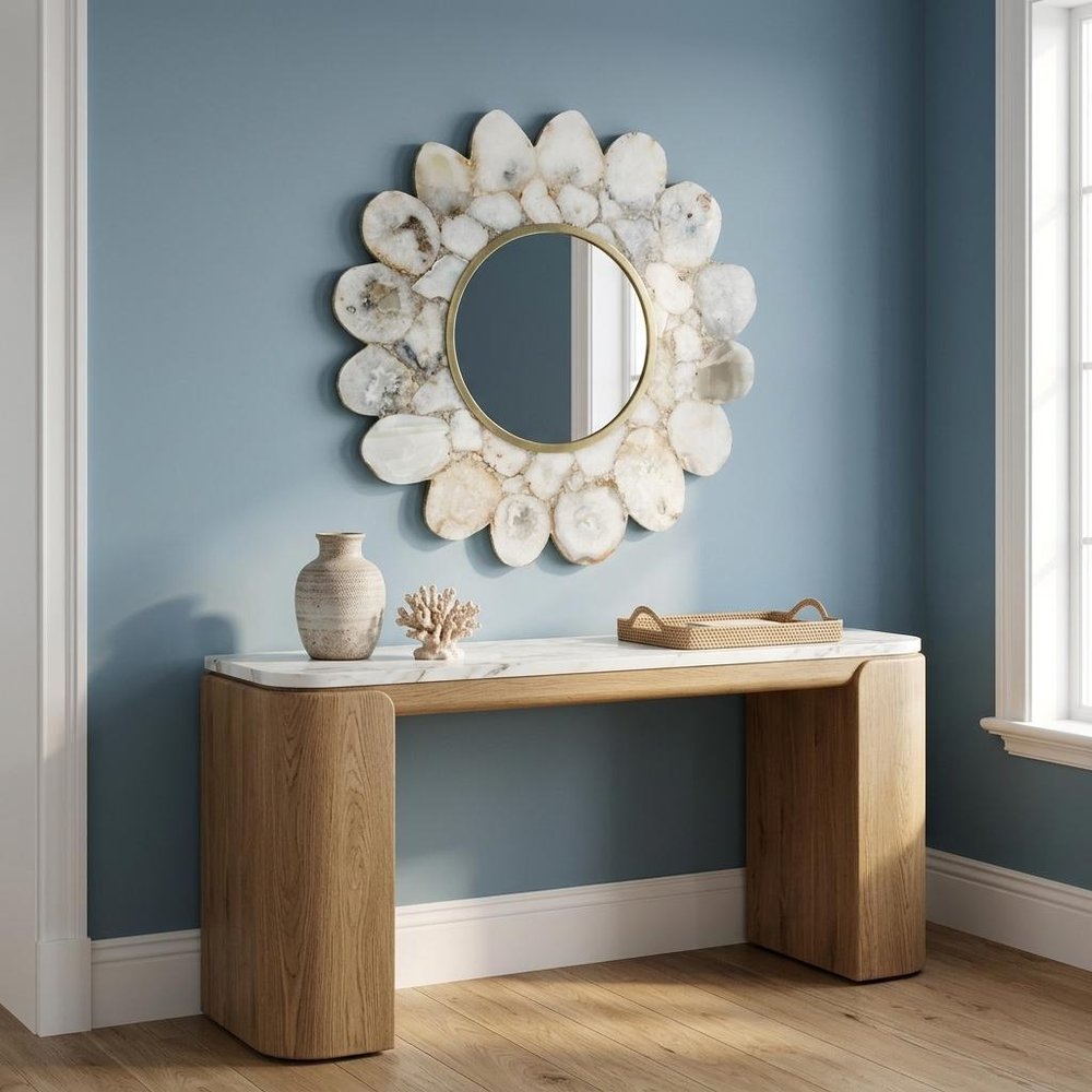 30" White And Gold Scalloped Stone Framed Accent Mirror HomeRoots