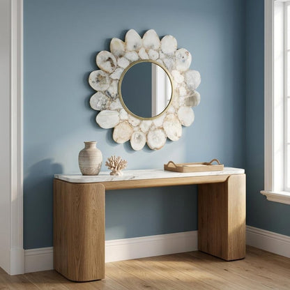 30" White And Gold Scalloped Stone Framed Accent Mirror HomeRoots