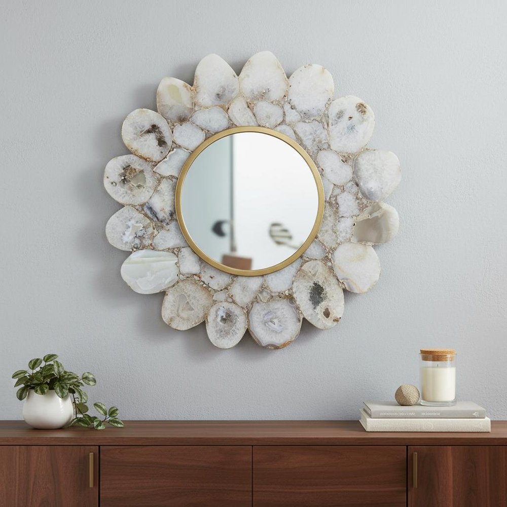 30" White And Gold Scalloped Stone Framed Accent Mirror HomeRoots