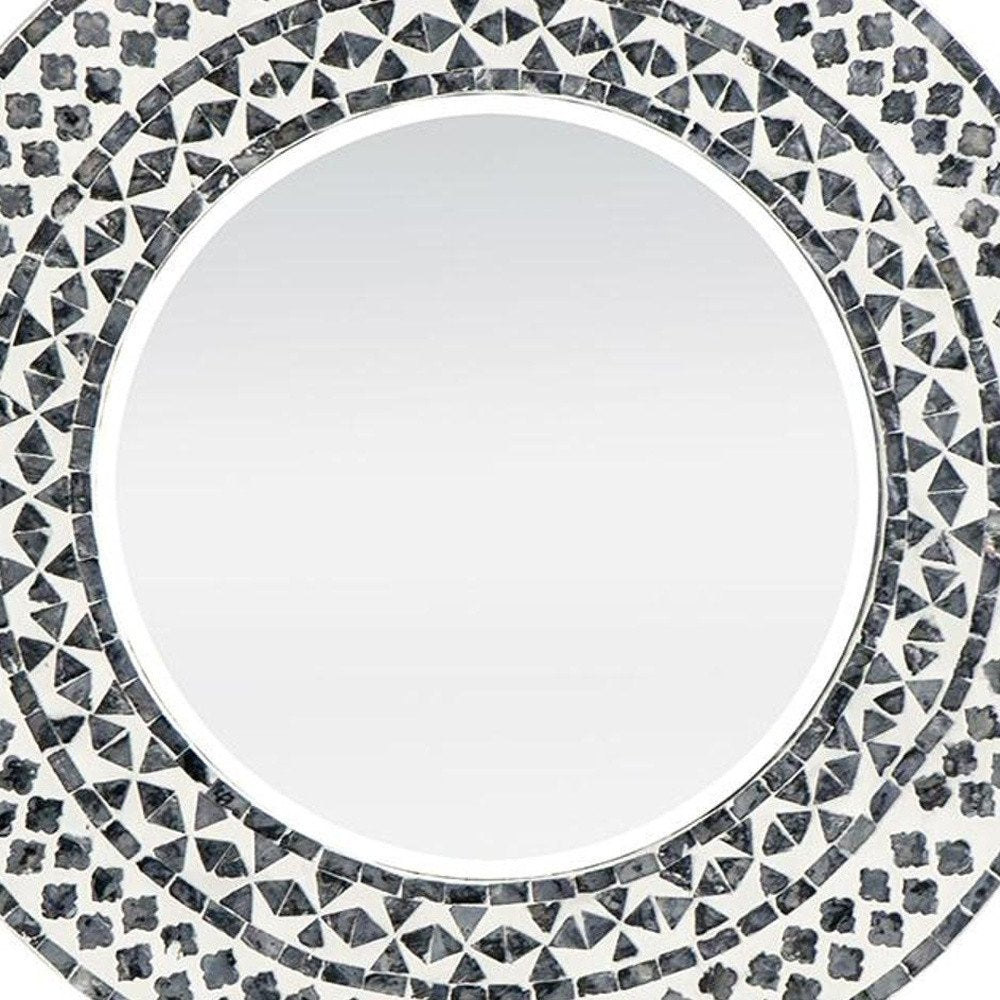 24" Black And White Round Wood And Shell Framed Accent Mirror HomeRoots