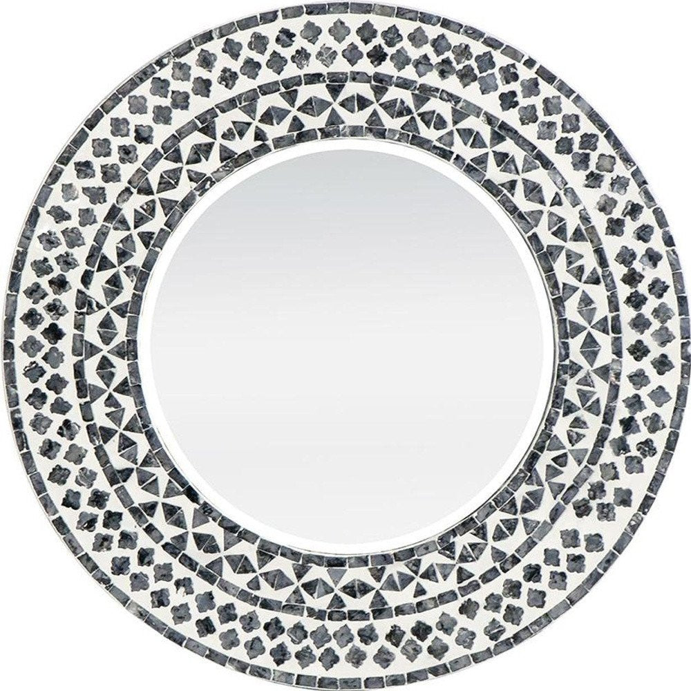 24" Black And White Round Wood And Shell Framed Accent Mirror HomeRoots