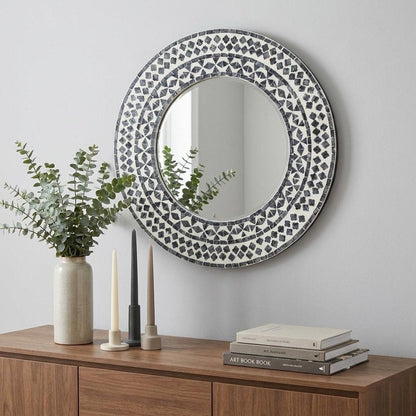 24" Black And White Round Wood And Shell Framed Accent Mirror HomeRoots