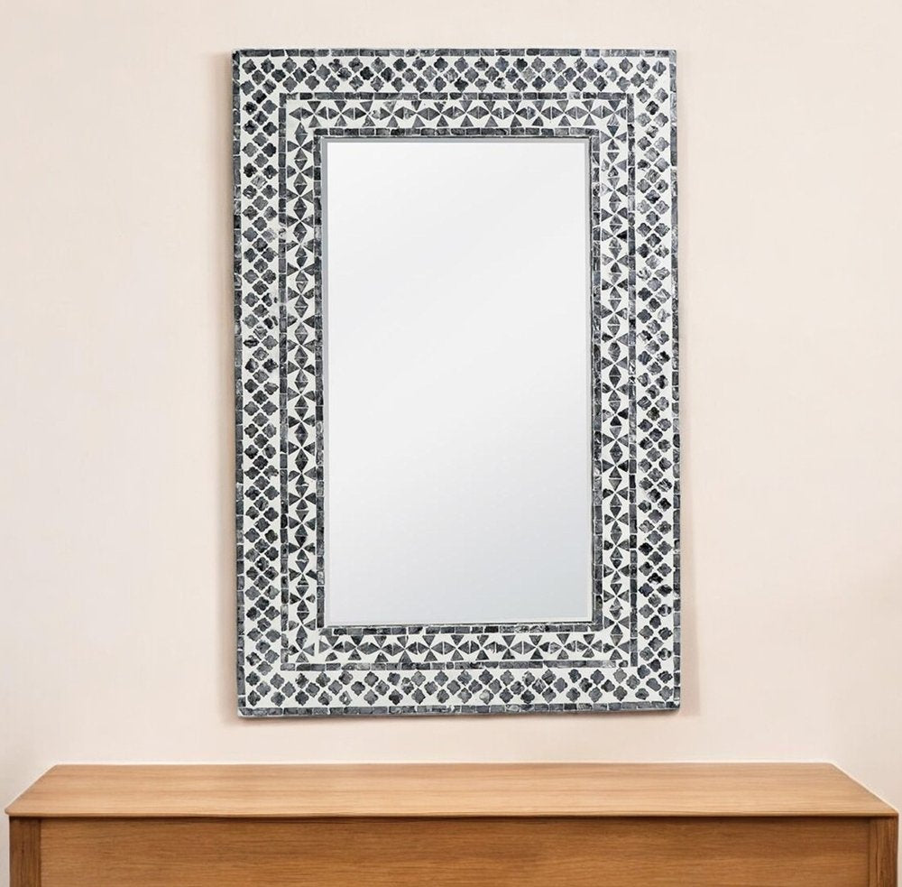 36" Black And White Geometric Mosaic Capiz Shell Framed Accent Mirror HomeRoots
