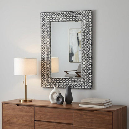 36" Black And White Geometric Mosaic Capiz Shell Framed Accent Mirror HomeRoots