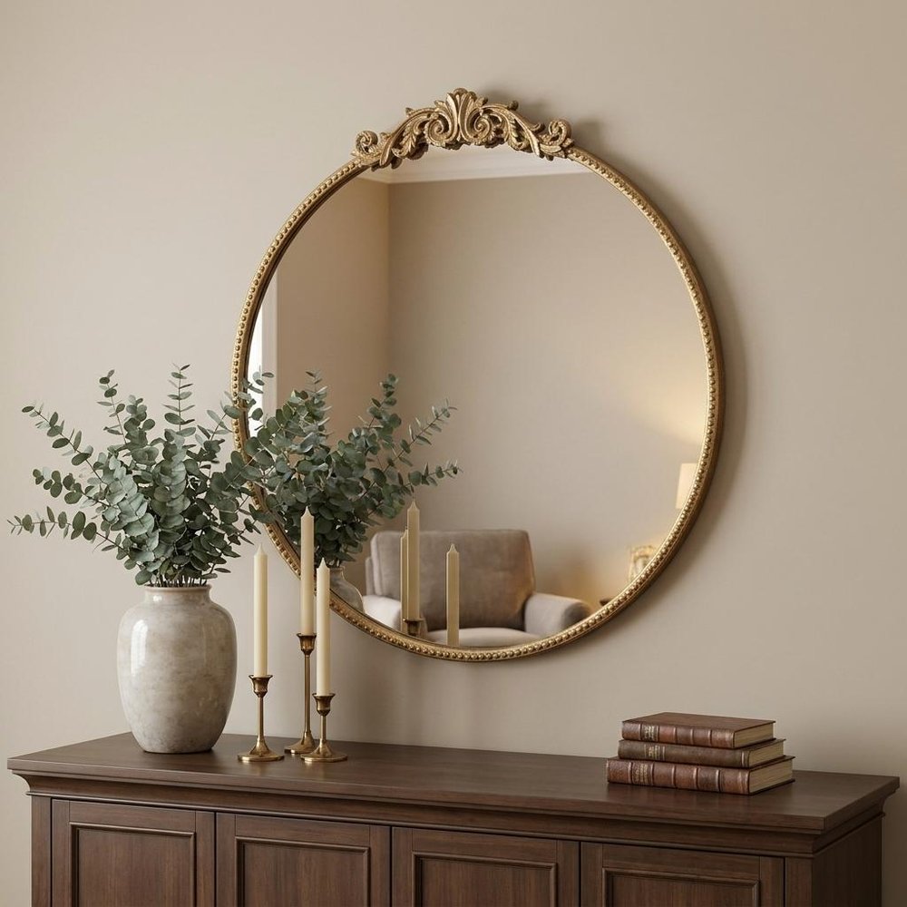 32" Gold Iron Crowned Top Framed Accent Mirror HomeRoots