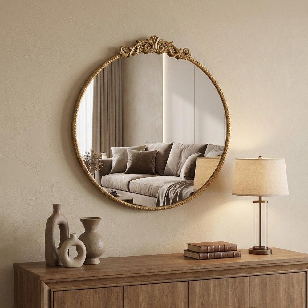 32" Gold Iron Crowned Top Framed Accent Mirror HomeRoots