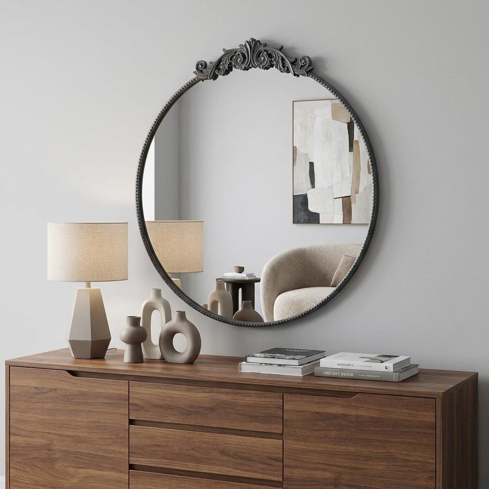 39" Black Crowned Top Iron Framed Accent Mirror HomeRoots
