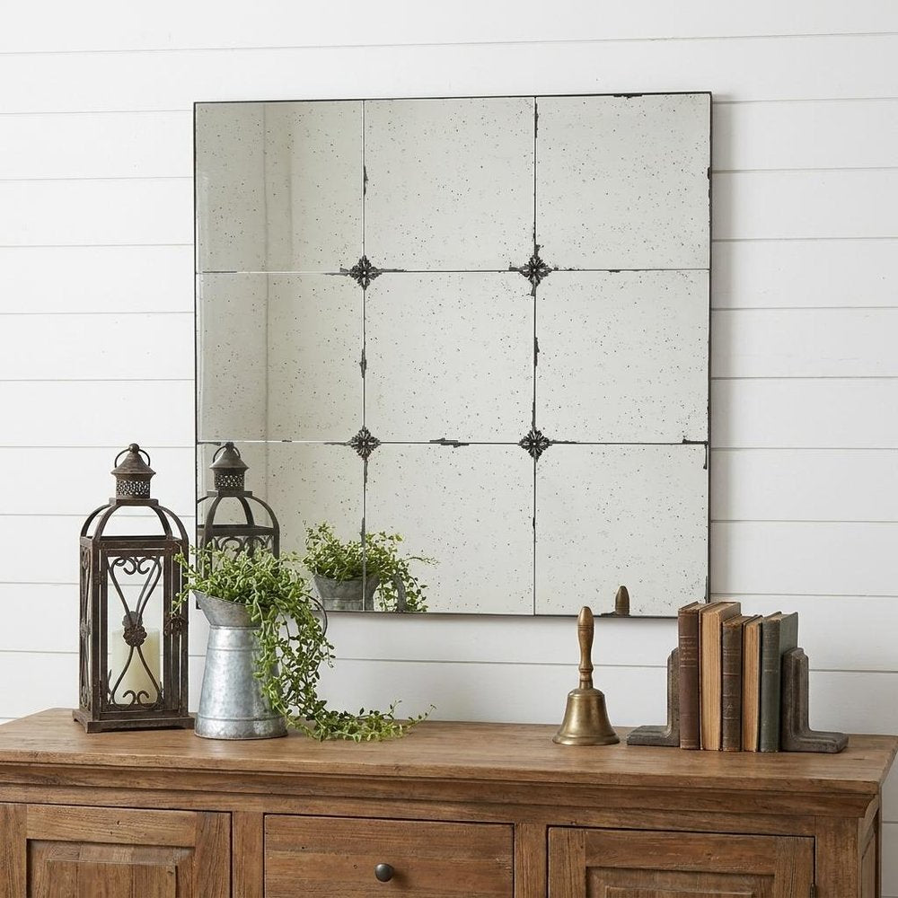 36" Black Square Iron Framed Antiqued Glass Accent Mirror HomeRoots