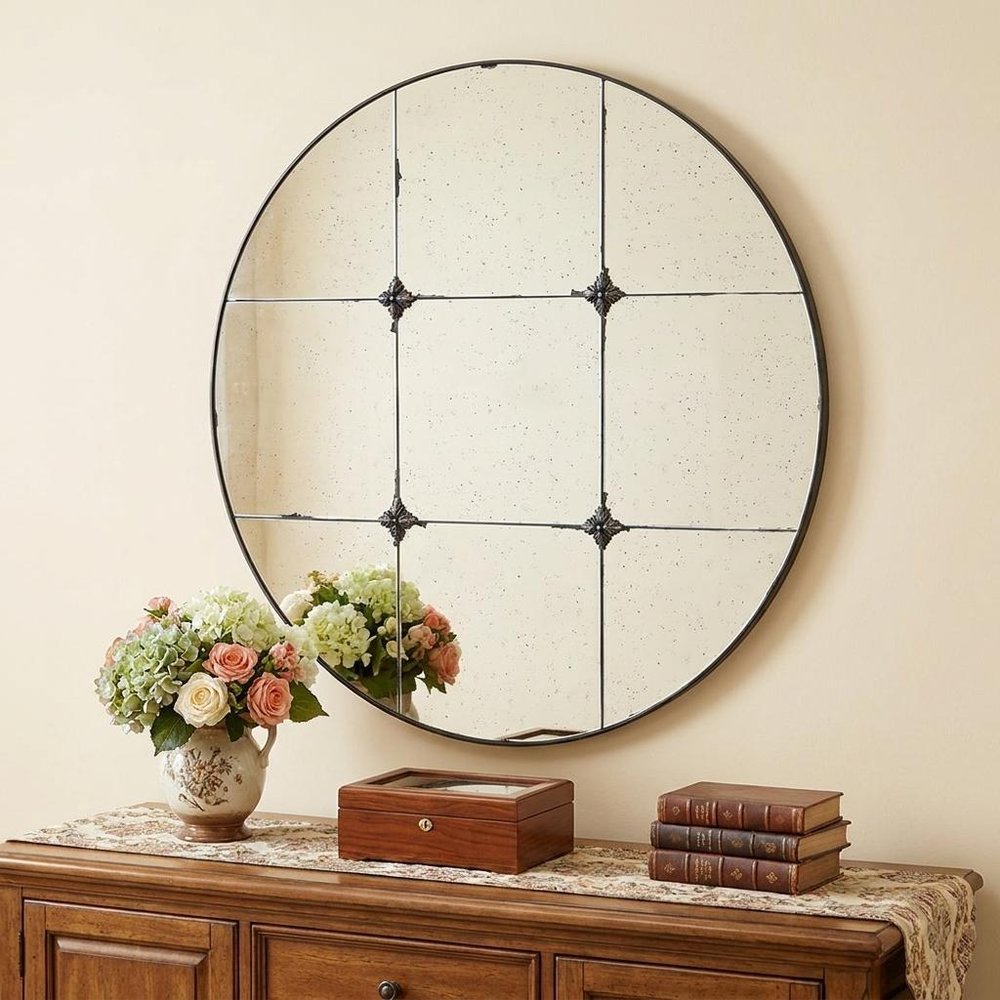 36" Black Round Iron Framed Antiqued Glass Accent Mirror HomeRoots