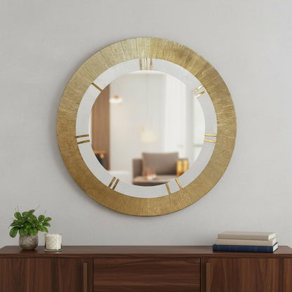 36" Gold and White Round Aluminum Ribbed Edge Framed Accent Mirror HomeRoots