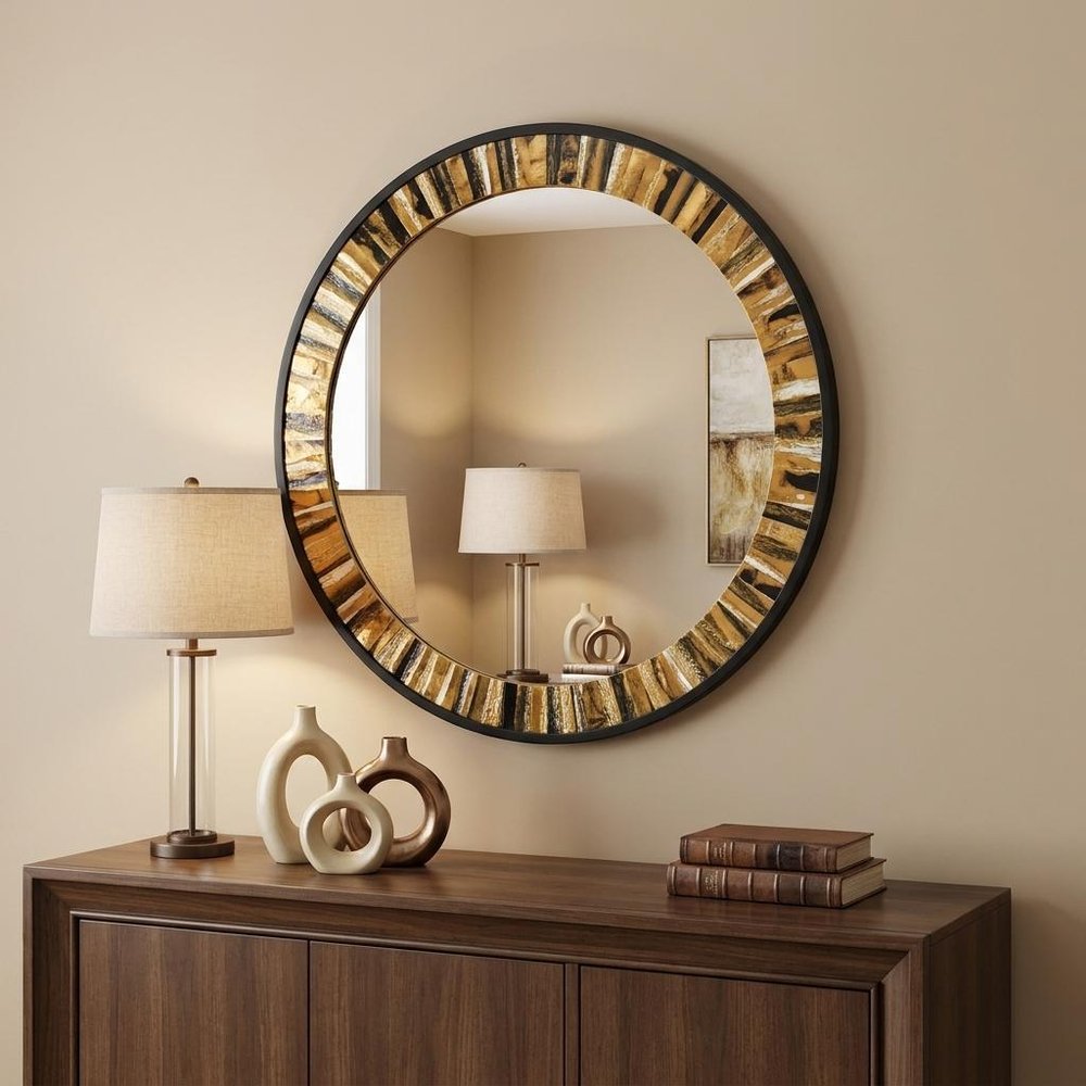 32" Brown and Black Faux Stone Round Framed Accent Mirror HomeRoots