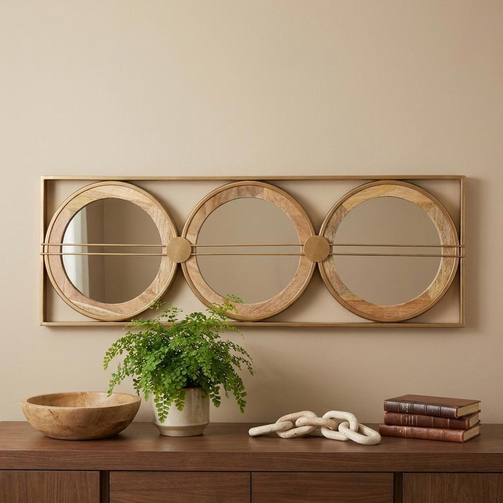 14" Brown and Gold Aluminum and Wood Geometric Framed Accent Mirror HomeRoots