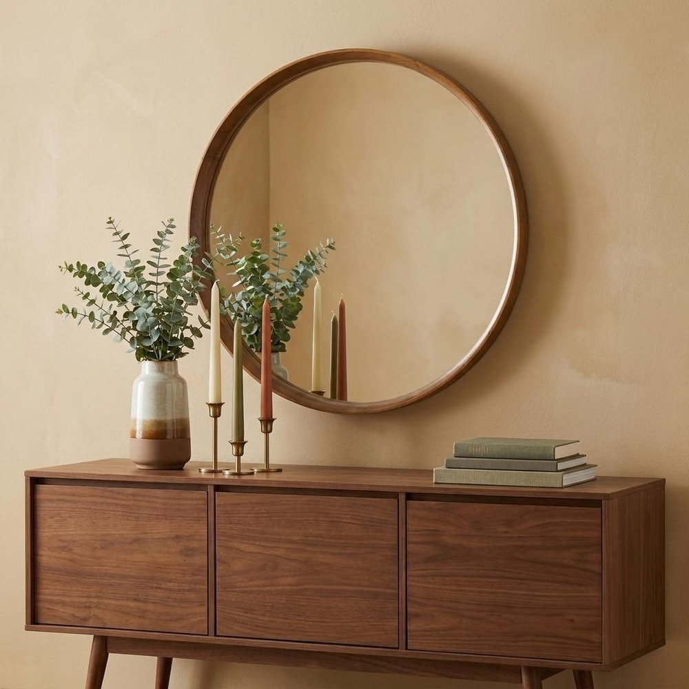 32" Brown Round Wood Framed Accent Mirror HomeRoots
