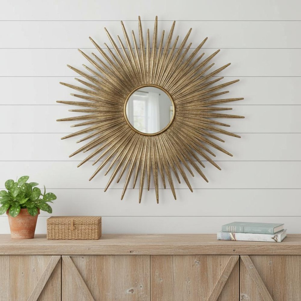 28" Gold Sunburst Iron Framed Accent Mirror HomeRoots