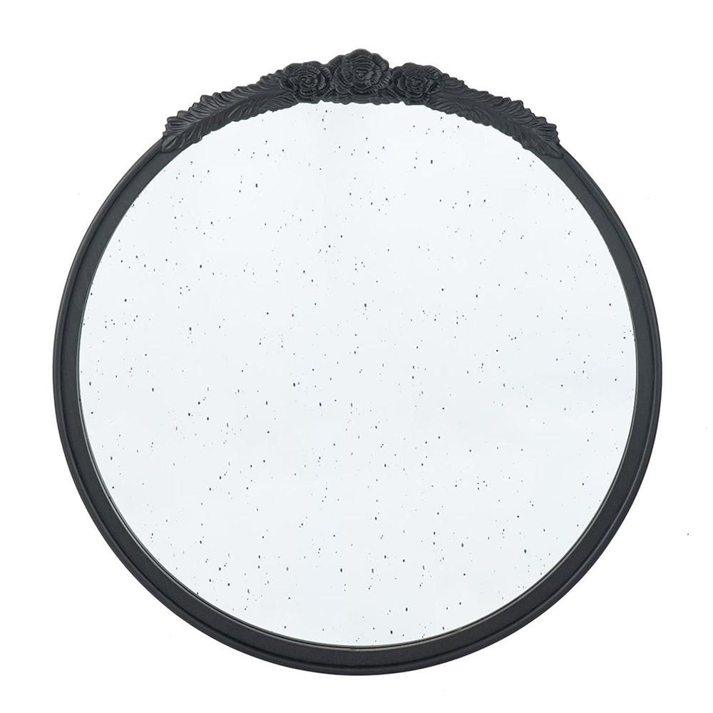 30" Black Crowned Top Antiqued Glass Round Framed Accent Mirror HomeRoots