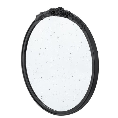 30" Black Crowned Top Antiqued Glass Round Framed Accent Mirror HomeRoots