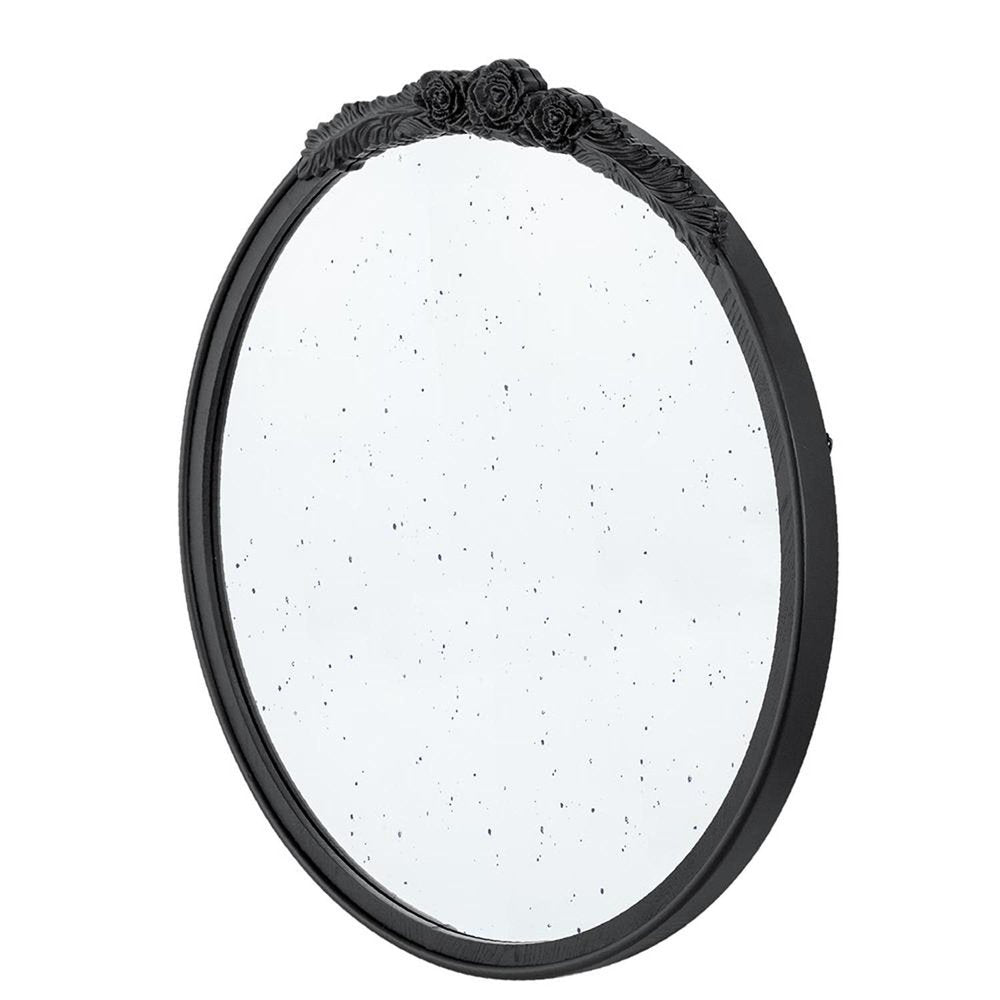 30" Black Crowned Top Antiqued Glass Round Framed Accent Mirror HomeRoots