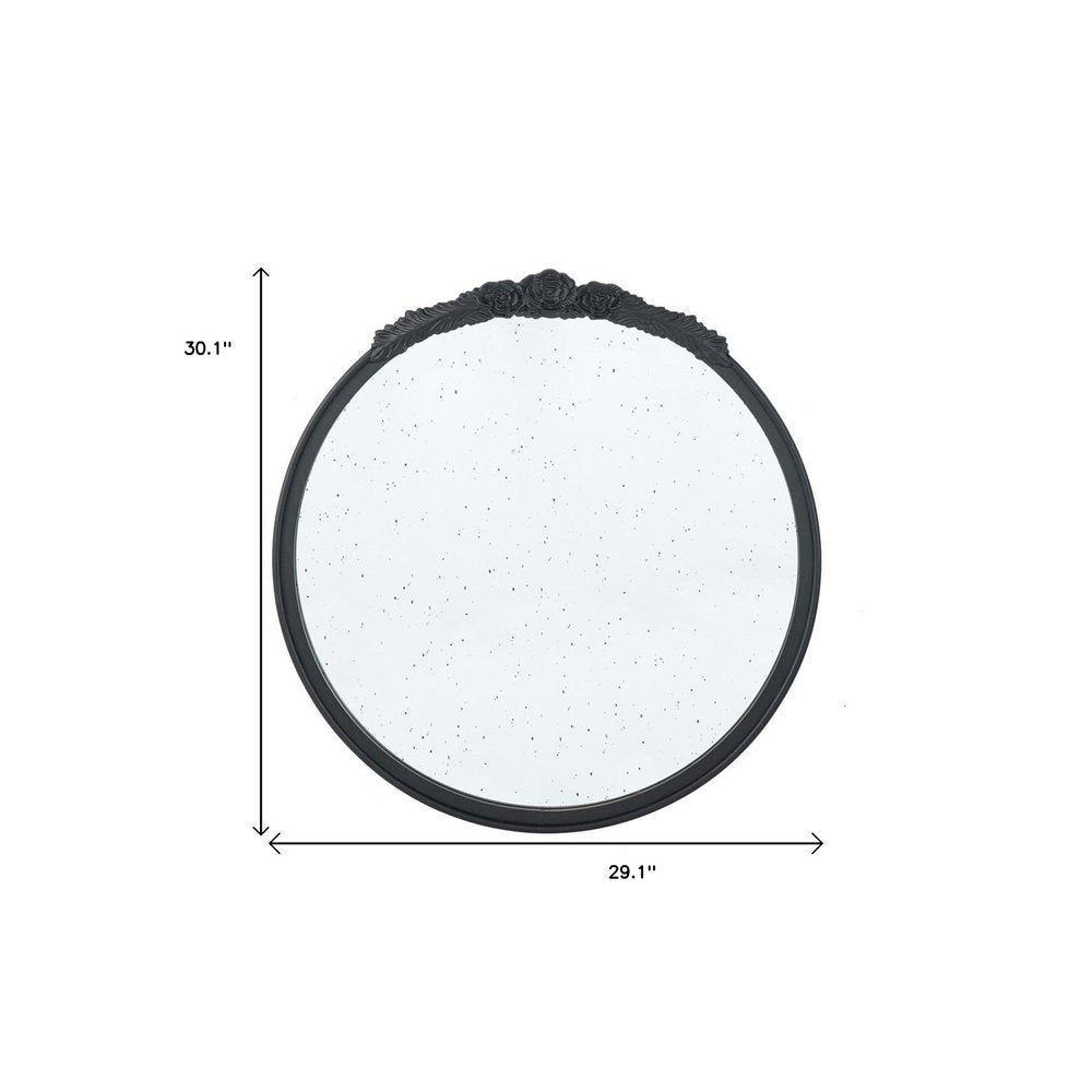 30" Black Crowned Top Antiqued Glass Round Framed Accent Mirror HomeRoots