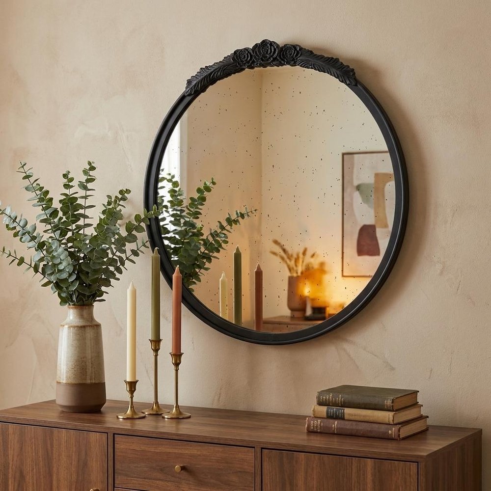 30" Black Crowned Top Antiqued Glass Round Framed Accent Mirror HomeRoots