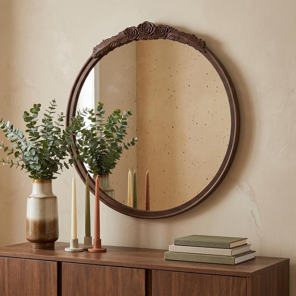 30" Brown Crowned Top Antiqued Glass Framed Accent Mirror HomeRoots