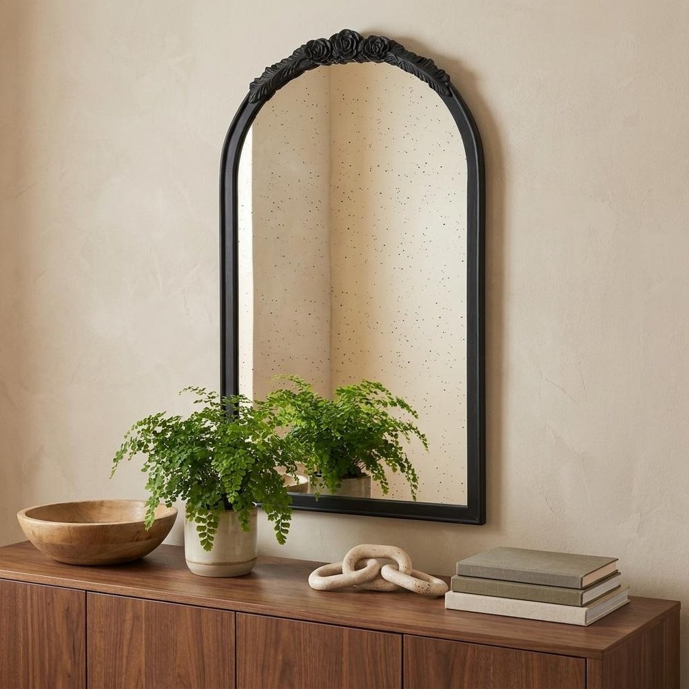 42" Black Crowned Top Antiqued Glass Arch Framed Accent Mirror HomeRoots