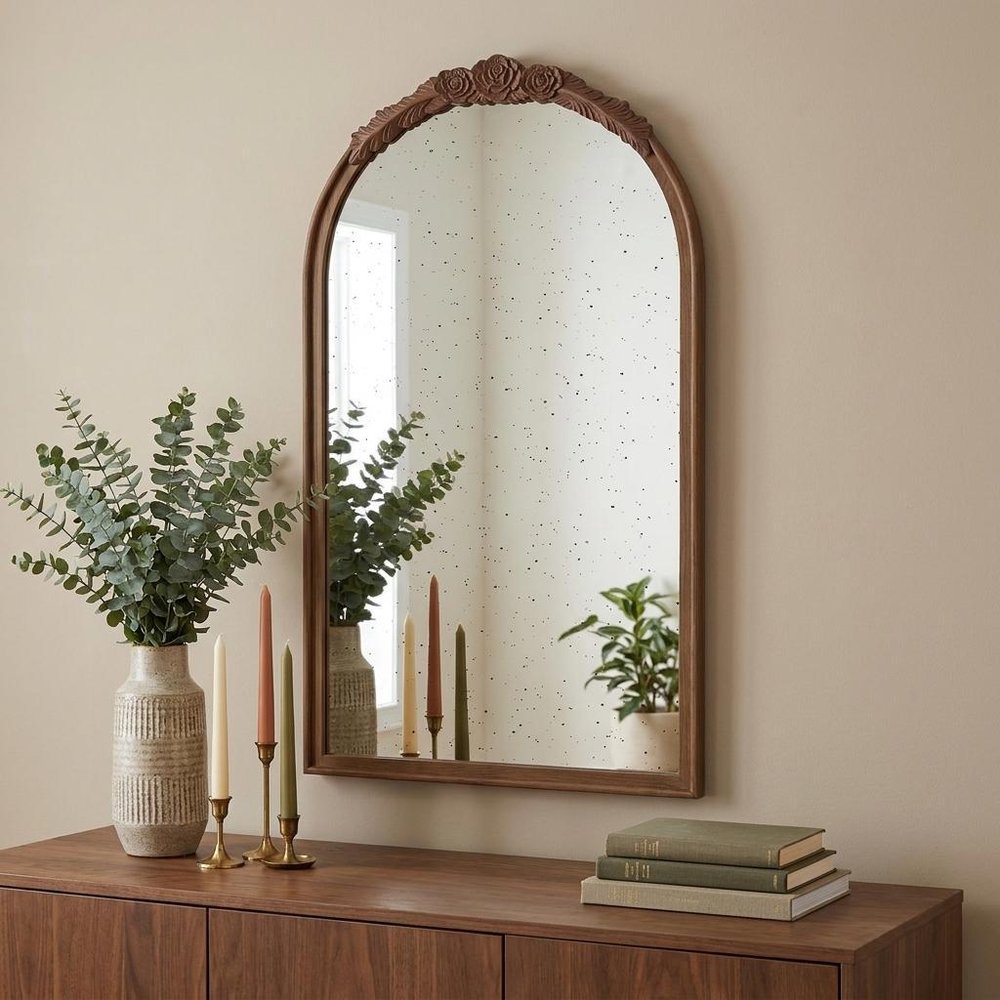 42" Brown Crowned Top Antiqued Glass Arch Framed Accent Mirror HomeRoots
