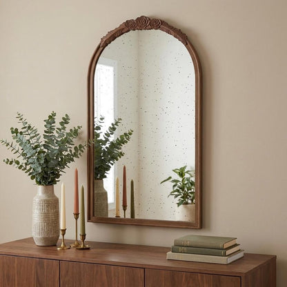 42" Brown Crowned Top Antiqued Glass Arch Framed Accent Mirror HomeRoots