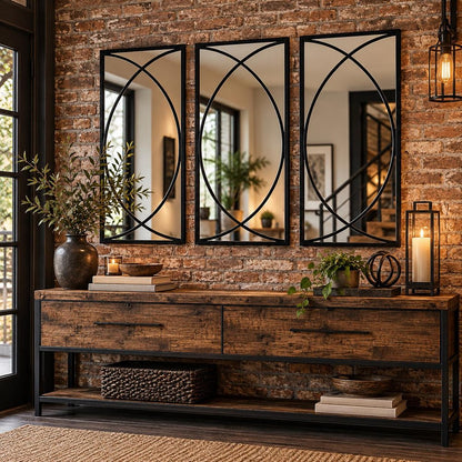 Set of Three Black Iron Framed Accent Mirror