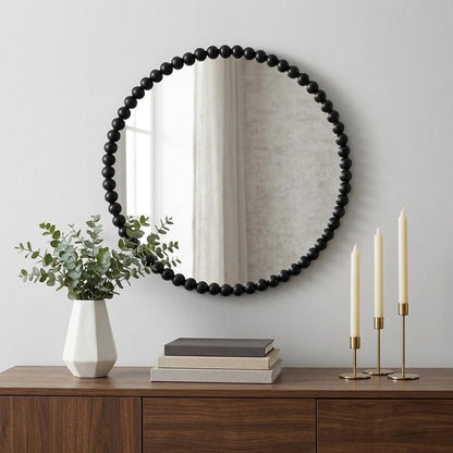 32" Black Iron Beaded Round Framed Accent Mirror HomeRoots