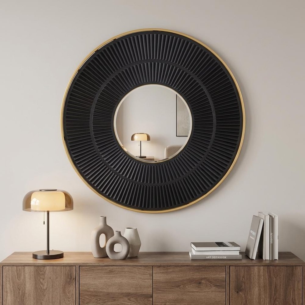 32" Black And Gold Round Wood And Metal Framed Accent Mirror HomeRoots