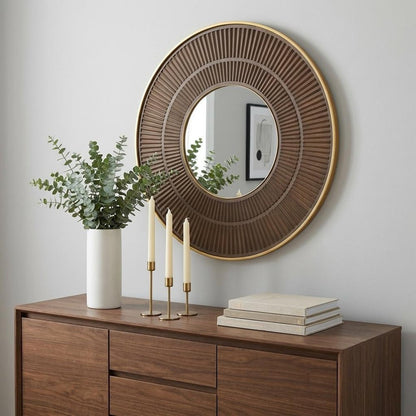 32" Brown And Gold Round Wood And Metal Framed Accent Mirror HomeRoots