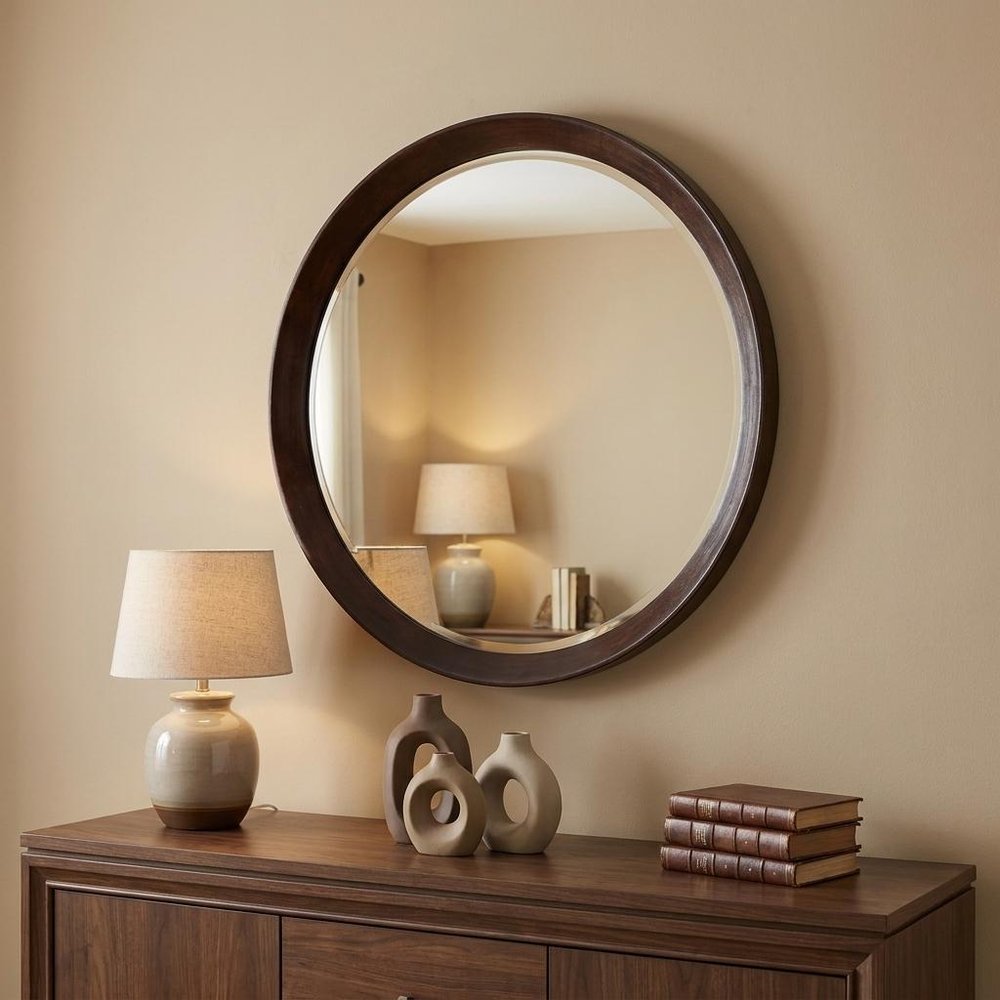 20" Dark Brown Round Wood Framed Accent Mirror HomeRoots