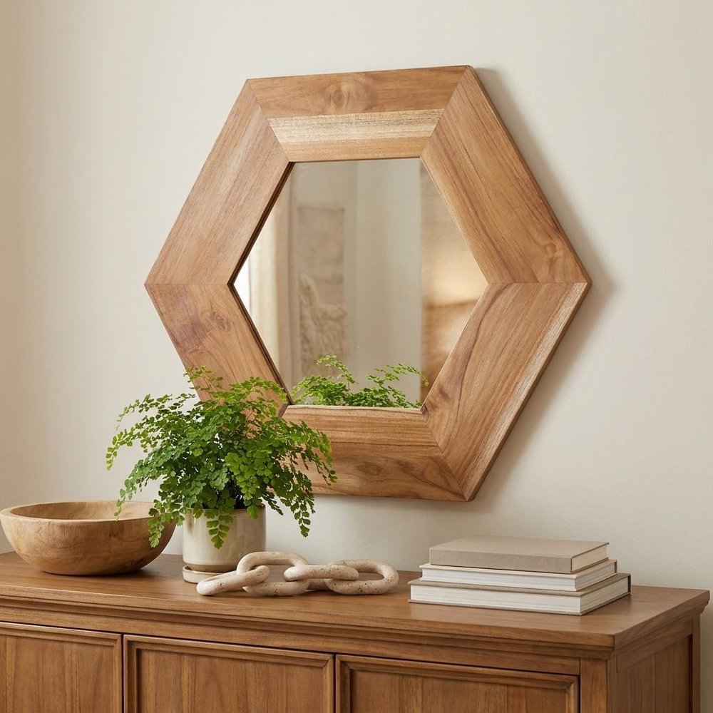 19" Natural Hexagon Solid Wood Framed Accent Mirror HomeRoots