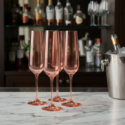 Set of Four Coral Crystal Narrow Stemmed Champagne Flutes HomeRoots