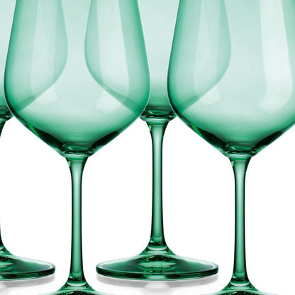 Set of Four Green Crystal Balloon Bowl Stemmed Red Wine Glass