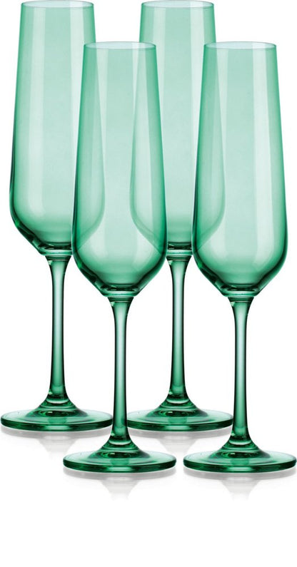 Set of Four Green Crystal Narrowing Shape Stemmed Flute HomeRoots