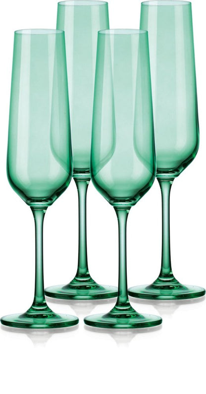Set of Four Green Crystal Narrowing Shape Stemmed Flute HomeRoots