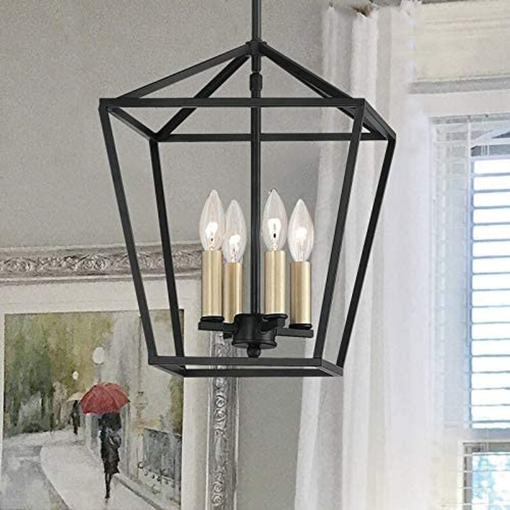 Black And Gold Kitchen Island Four Light Metal Dimmable Chandelier With Black Shades — view 1
