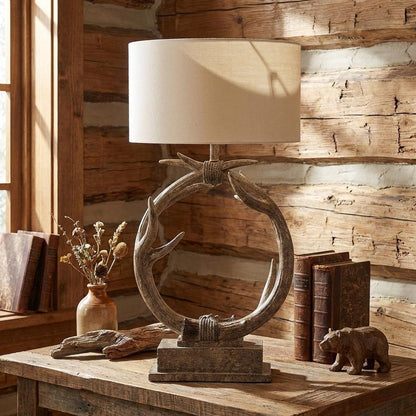 27" Brown Rustic Faux Antlers Table Lamp With White Drum Shade HomeRoots
