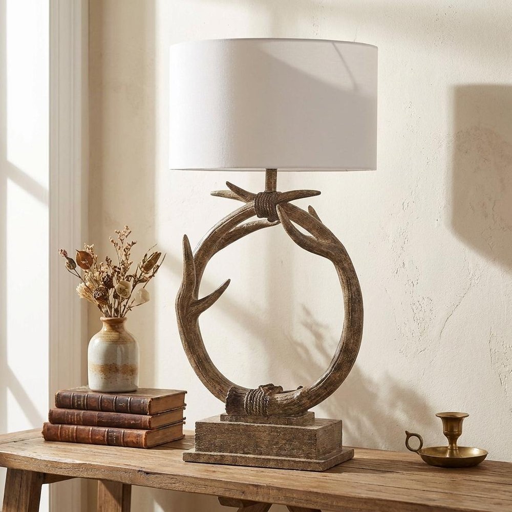 27" Brown Rustic Faux Antlers Table Lamp With White Drum Shade HomeRoots