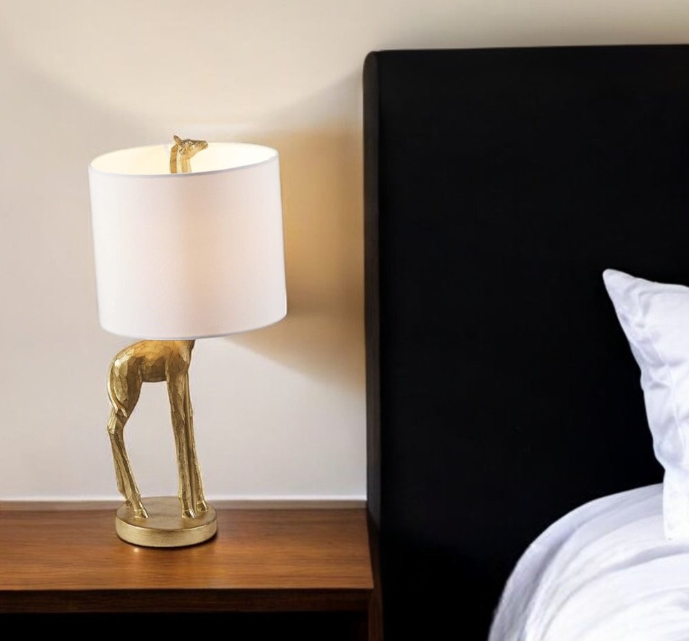 17" Gold Textured Giraffe Table Lamp With White Drum Shade HomeRoots