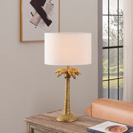 22" Gold Tropical Coconut Tree Table Lamp With White Drum Shade